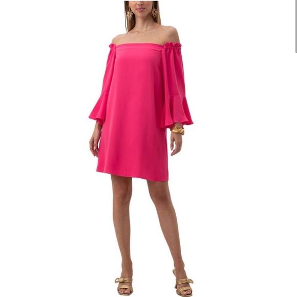 TRINA TURK Knox Off The Shoulder Crepe Dress 3/4 Bell Sleeve Fuchsia Pink Sz XS - Picture 1 of 13